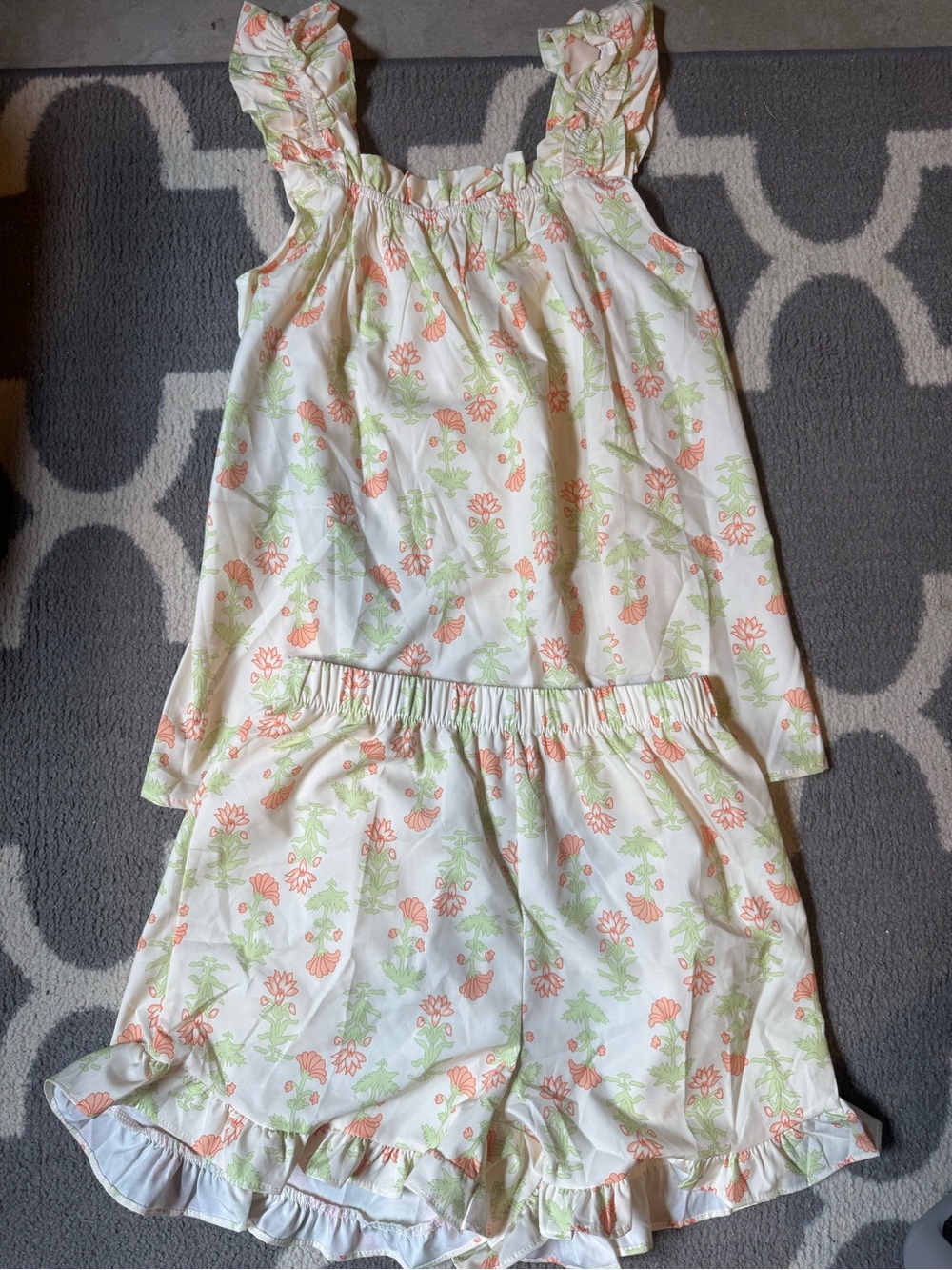 Women’s Yellow Orange and Green Floral Ruffle Pajama Set, Size Small